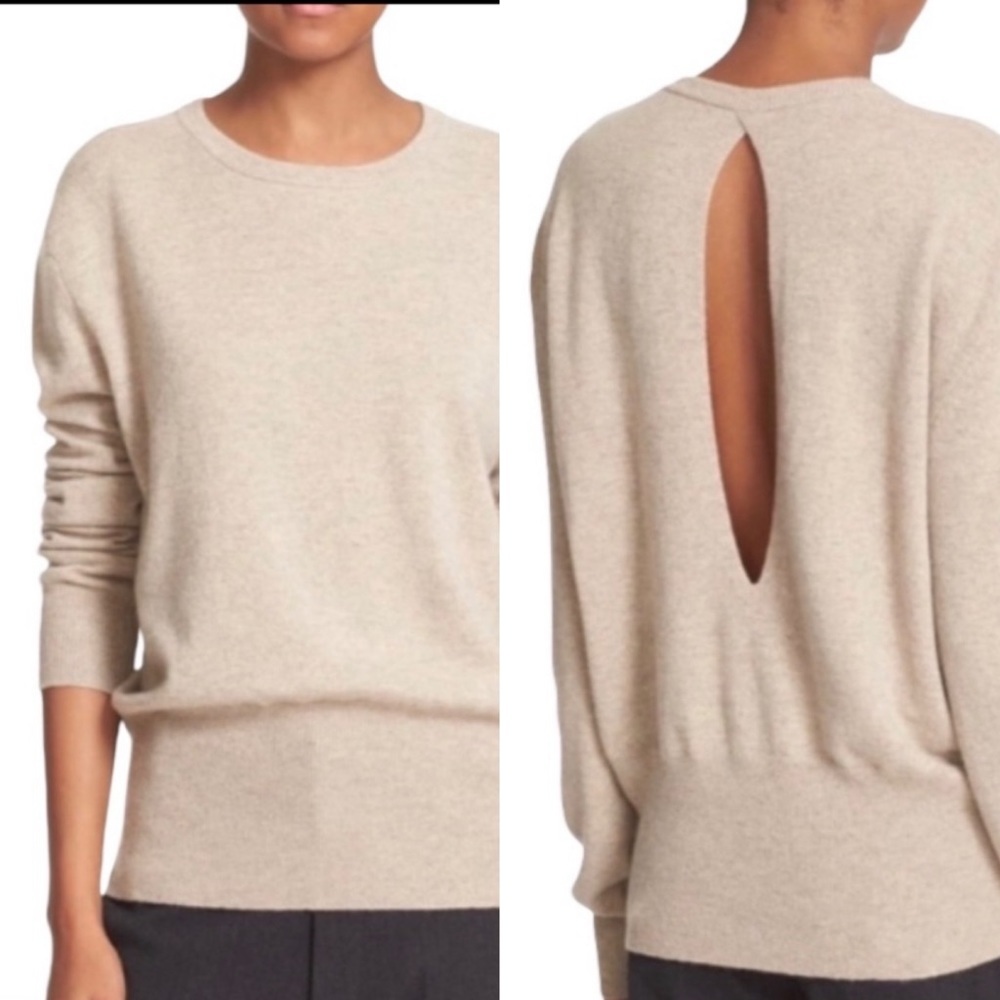 Vince. Cashmere Split‎ Back Crewneck Sweater in Oatmeal